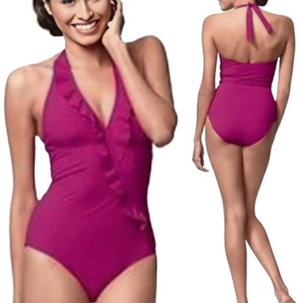 Spanx Ruffled Swimsuit One Piece Halter Faux Wrap Magenta Pink Small